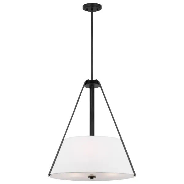 The Brewster pendant combines clean lines with unique faux leather strap detailing for a sophisticated look that bridges traditional and modern aesthetics. Its white fabric shade provides soft, diffused lighting.