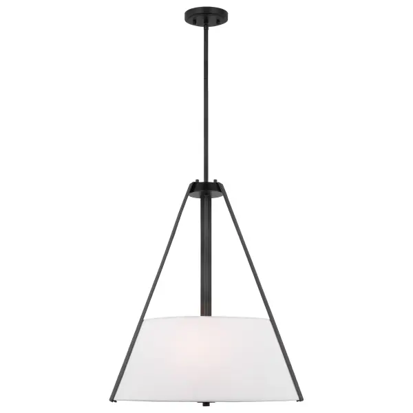 The Brewster pendant combines clean lines with unique faux leather strap detailing for a sophisticated look that bridges traditional and modern aesthetics. Its white fabric shade provides soft, diffused lighting. - alternate view