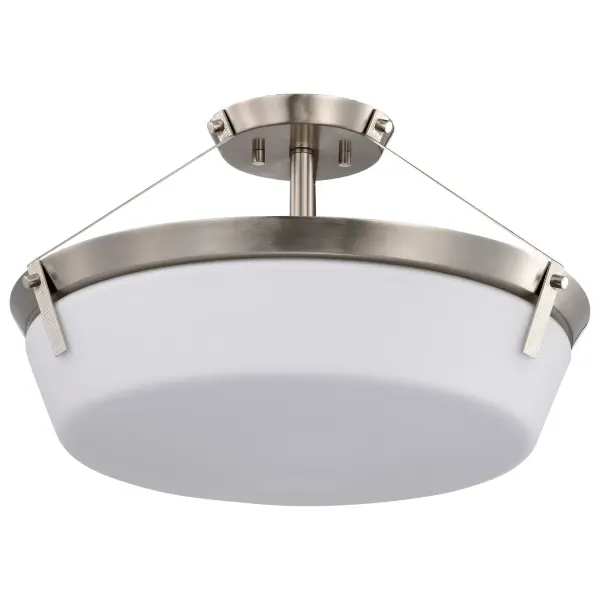The Rowen 4-Light Semi-Flush combines brushed nickel sophistication with etched white glass for a soft, inviting glow. Its versatile transitional design works beautifully in multiple settings from bedrooms to dining areas.