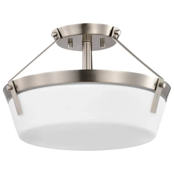 The Rowen 3-Light Semi-Flush combines brushed nickel sophistication with etched white glass for a soft, ambient glow. Its versatile transitional design works beautifully in multiple settings from bedrooms to dining areas.