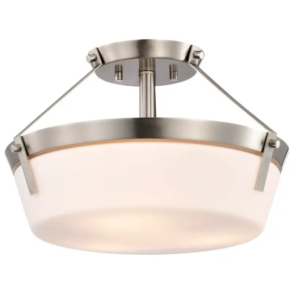 The Rowen 3-Light Semi-Flush combines brushed nickel sophistication with etched white glass for a soft, ambient glow. Its versatile transitional design works beautifully in multiple settings from bedrooms to dining areas. - alternate view