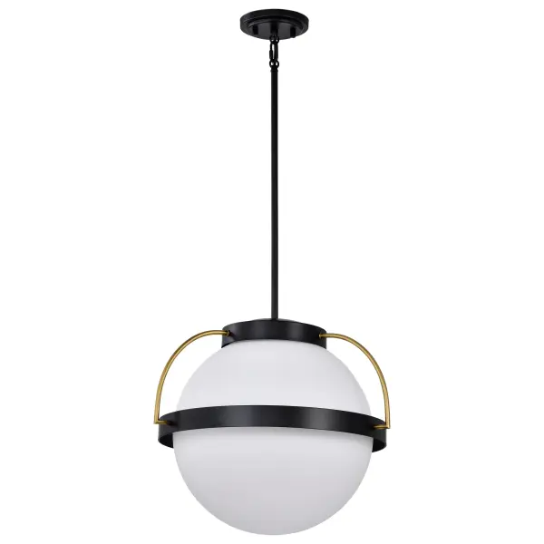 The Lakeshore pendant masterfully combines matte black and natural brass finishes with white opal glass for a versatile fixture that transitions seamlessly from cozy to elegant. Perfect for creating ambiance in dining and living spaces.