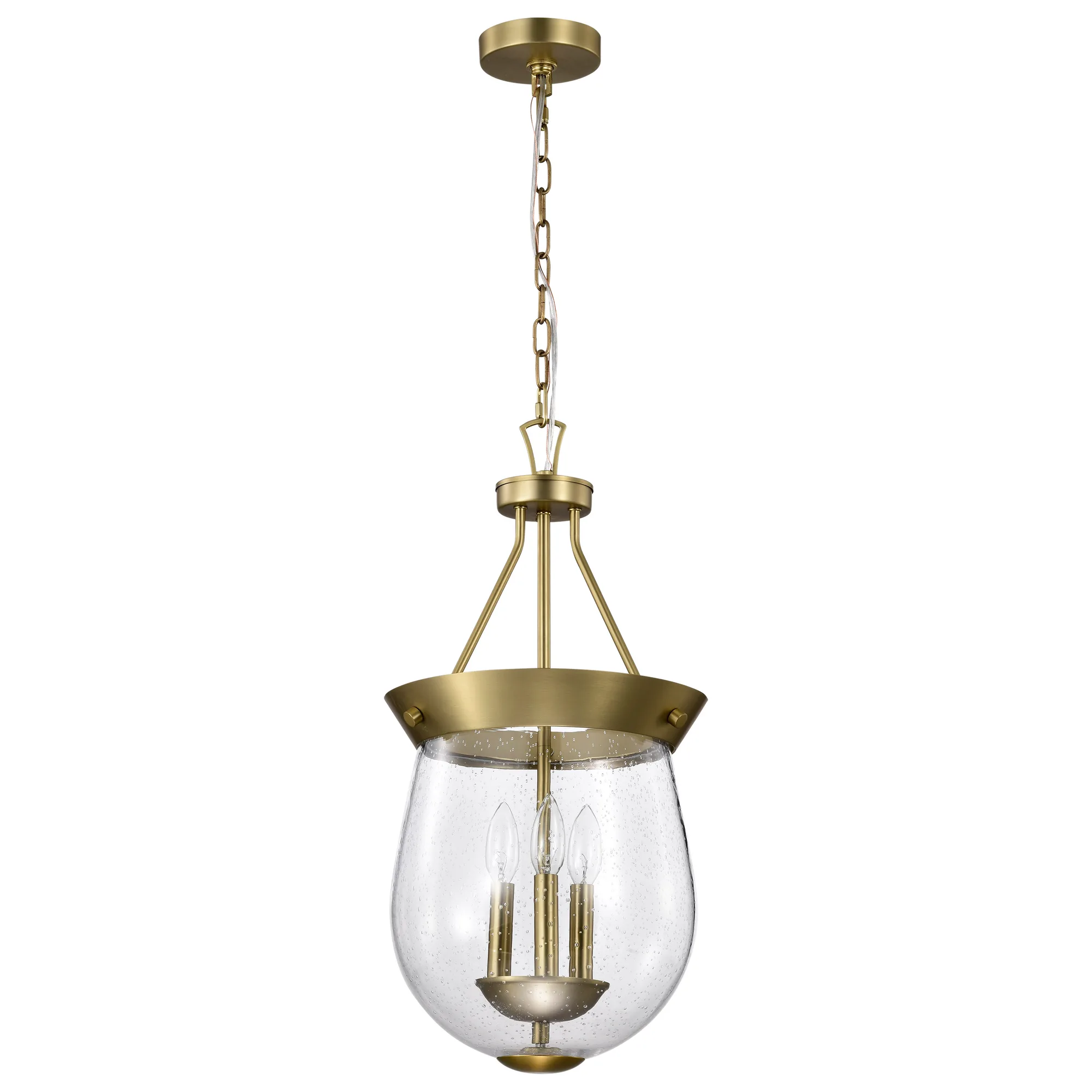 Boliver 3-Light Pendant in Vintage Brass with Clear Seeded Glass