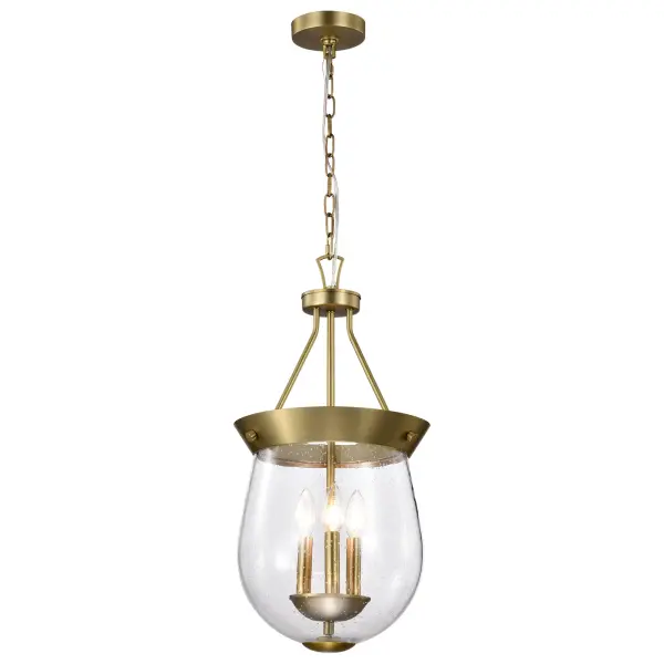 The Boliver pendant brings sophisticated traditional design with its vintage brass finish and textured seeded glass. Perfect for adding warmth and character to dining spaces, kitchen islands, or entryways with classic or transitional decor. - alternate view