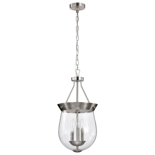 The Boliver 3-Light Pendant combines traditional design with versatile brushed nickel finish and textured seeded glass. Perfect for adding refined charm to kitchens, dining areas, and entryways with its warm, inviting glow.