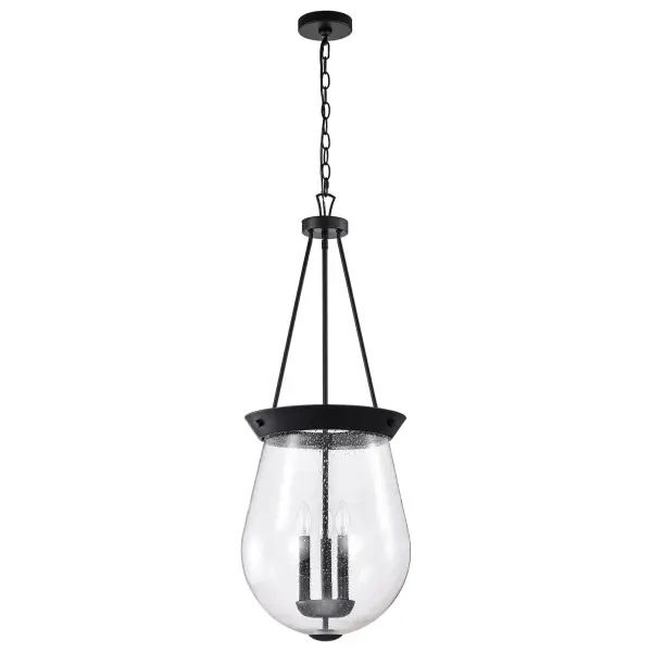 The Boliver 3-Light Pendant combines timeless traditional design with contemporary matte black finish. Clear seeded glass adds texture and sparkle, creating warm ambiance perfect for intimate dining spaces and kitchen islands.