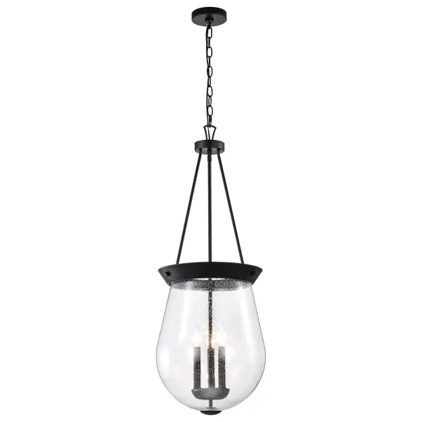 The Boliver 3-Light Pendant combines timeless traditional design with contemporary matte black finish. Clear seeded glass adds texture and sparkle, creating warm ambiance perfect for intimate dining spaces and kitchen islands. - alternate view