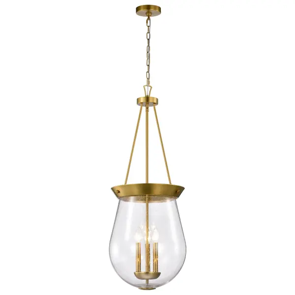 The Boliver 3-Light Pendant brings sophisticated traditional design with its vintage brass finish and textured seeded glass. Perfect for adding warmth and character to dining spaces and kitchen islands. - alternate view