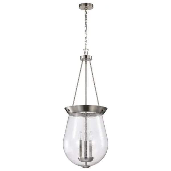 The Boliver 3-Light Pendant combines traditional design with versatile styling through its brushed nickel finish and textured seeded glass. Perfect for adding refined charm to dining spaces and entryways.