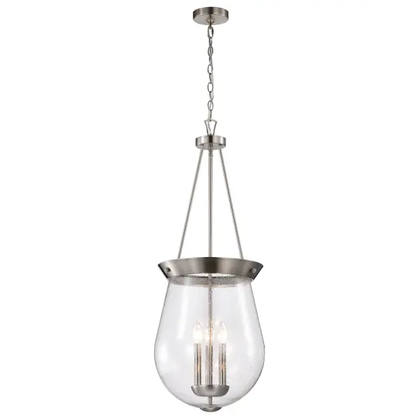 The Boliver 3-Light Pendant combines traditional design with versatile styling through its brushed nickel finish and textured seeded glass. Perfect for adding refined charm to dining spaces and entryways. - alternate view
