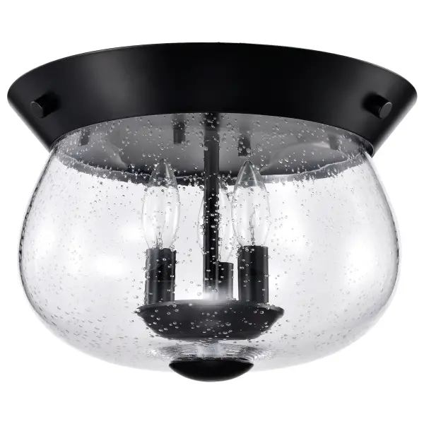 The Boliver 3-Light Flush Mount combines traditional design with contemporary matte black finish. Clear seeded glass adds texture and visual interest while providing warm ambient lighting for low-ceiling spaces.