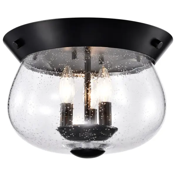 The Boliver 3-Light Flush Mount combines traditional design with contemporary matte black finish. Clear seeded glass adds texture and visual interest while providing warm ambient lighting for low-ceiling spaces. - alternate view