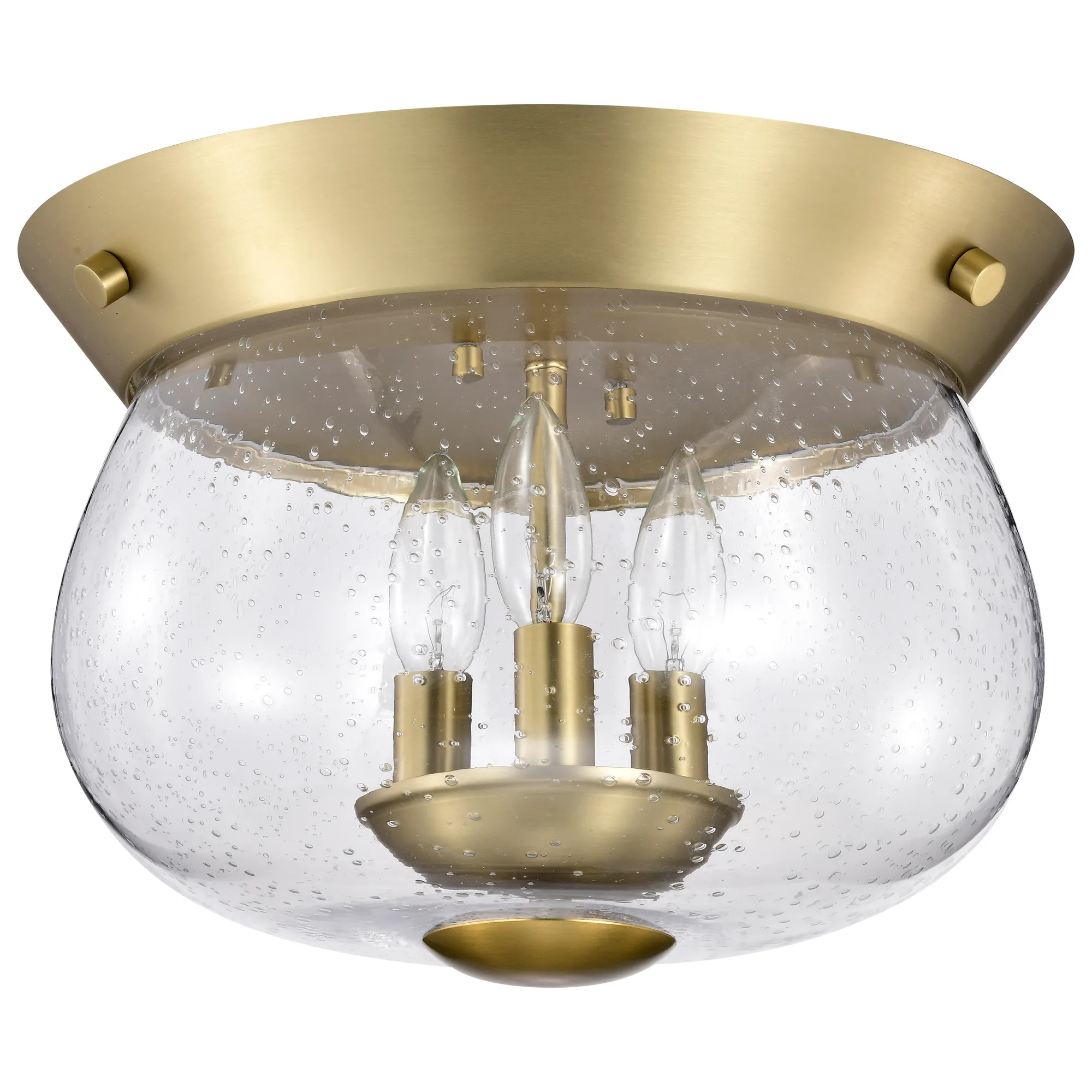 Boliver 3-Light Flush Mount in Vintage Brass with Clear Seeded Glass
