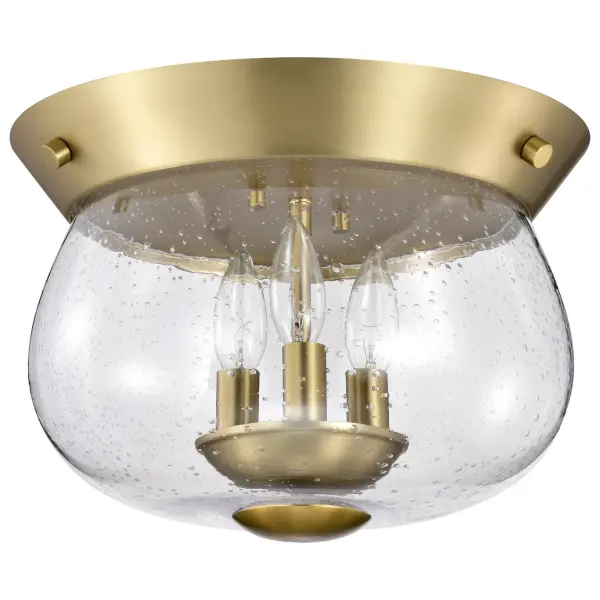 The Boliver 3-Light Flush Mount combines traditional sophistication with practical design. Its vintage brass finish and clear seeded glass create a warm, inviting glow perfect for low-ceiling spaces.