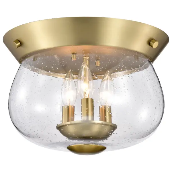 The Boliver 3-Light Flush Mount combines traditional sophistication with practical design. Its vintage brass finish and clear seeded glass create a warm, inviting glow perfect for low-ceiling spaces. - alternate view