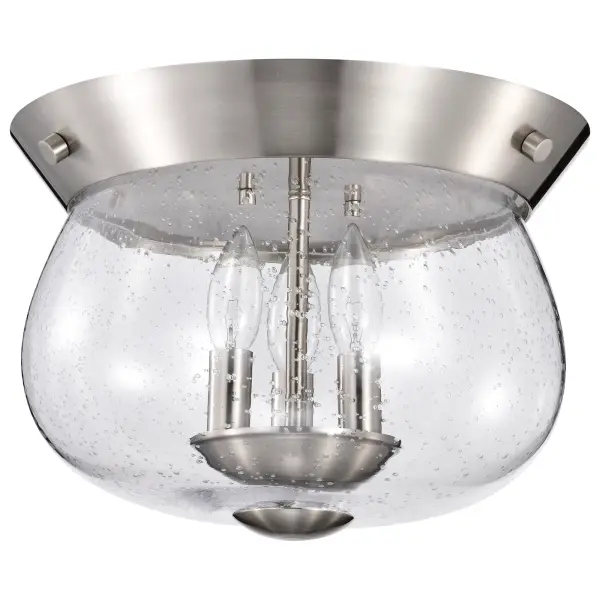 The Boliver 3-Light Flush Mount combines traditional sophistication with practical ceiling-hugging design. Its brushed nickel finish and textured seeded glass create warm ambiance while fitting spaces with lower ceilings.