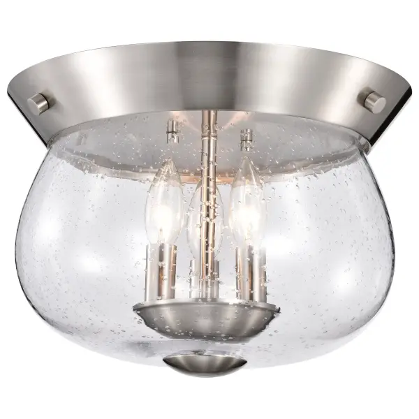 The Boliver 3-Light Flush Mount combines traditional sophistication with practical ceiling-hugging design. Its brushed nickel finish and textured seeded glass create warm ambiance while fitting spaces with lower ceilings. - alternate view