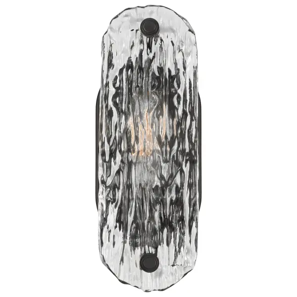 The Glacier vanity sconce combines modern minimalism with dramatic ice glass texture. Its matte black finish and clean lines create a sophisticated look perfect for contemporary bathrooms and powder rooms. - alternate view