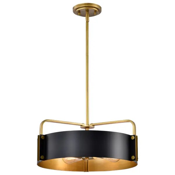 The Altos pendant masterfully blends industrial design with refined warmth through its matte black finish and natural brass accents. Laser-cut detailing and matching rivets create signature style that bridges traditional and modern aesthetics. - alternate view