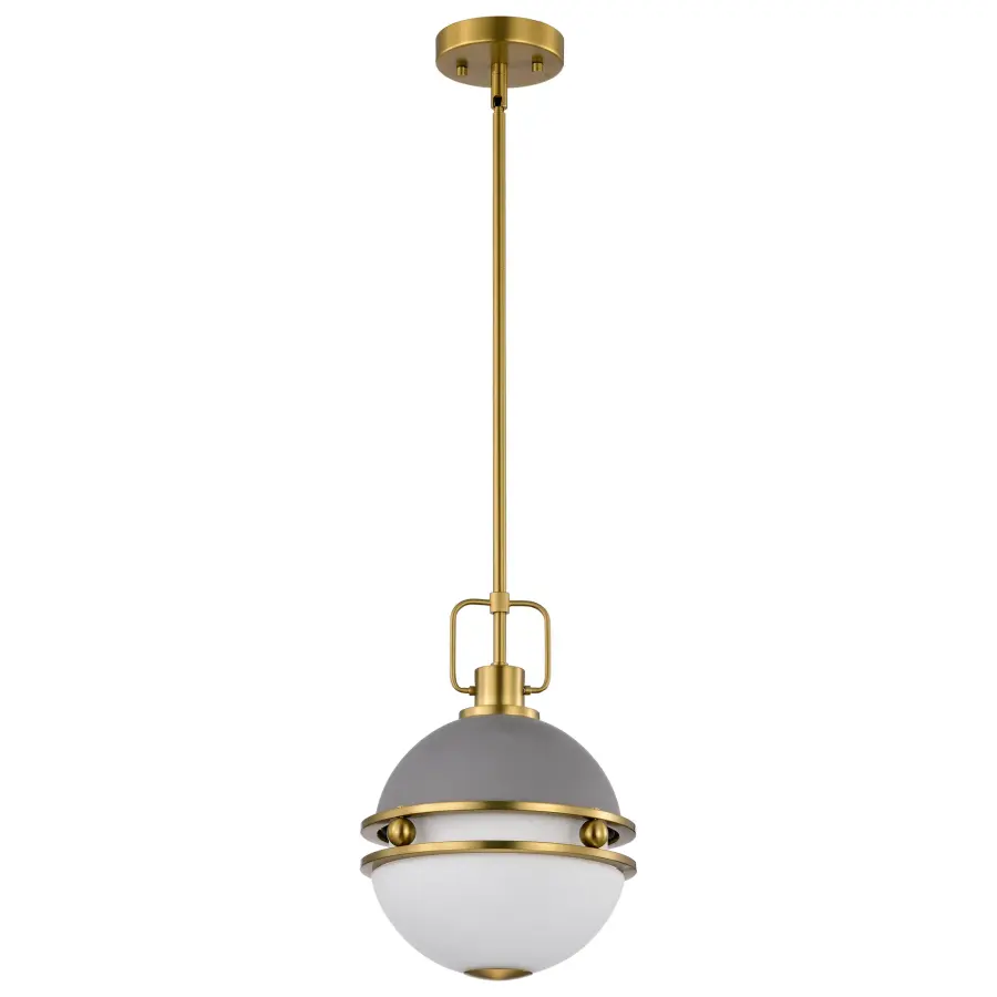 Everton 1-Light Pendant in Matte Gray & Brass with Etched Opal Glass - Image 1