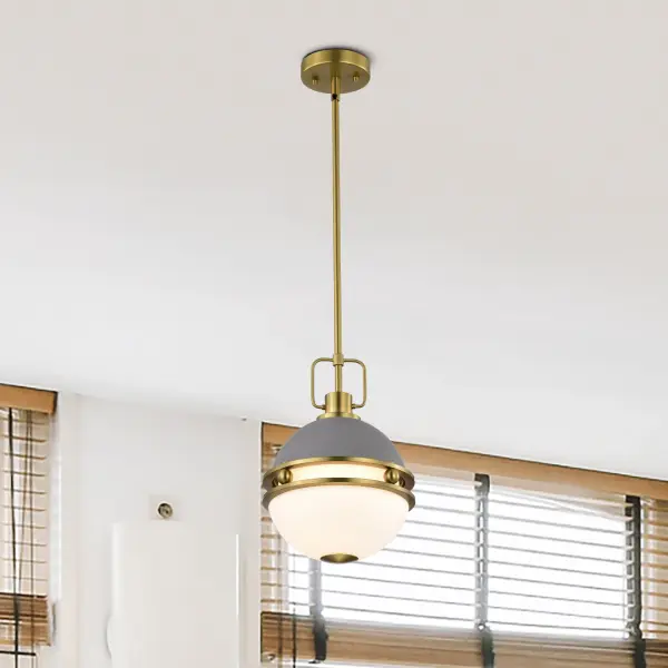 Everton 1-Light Pendant in Matte Gray & Brass with Etched Opal Glass - Image 15