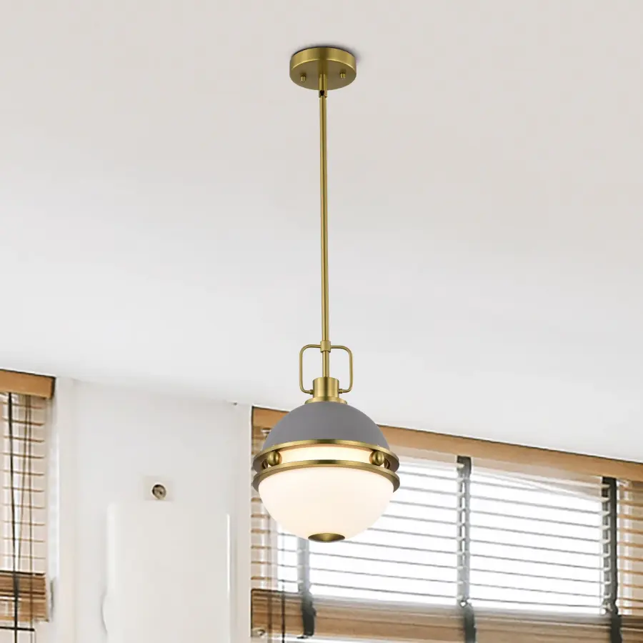 Everton 1-Light Pendant in Matte Gray & Brass with Etched Opal Glass - Image 15