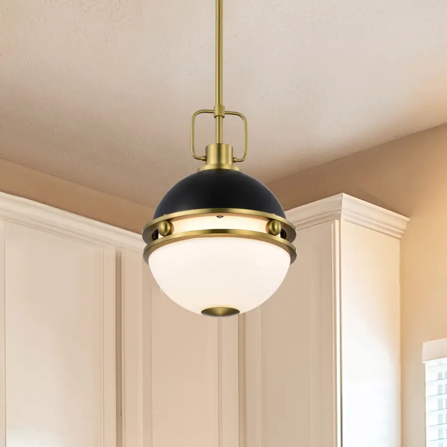 Everton 1-Light Pendant in Matte Black & Brass with Etched Opal Glass - Image 15