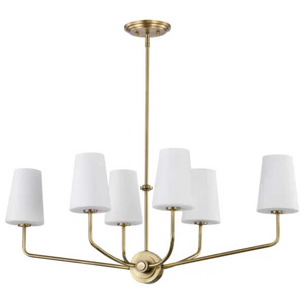 The Cordello 6-Light Island Pendant combines traditional elegance with practical functionality. Its vintage brass finish and etched white opal glass shades create a soft, diffused glow perfect for kitchen islands and dining areas.