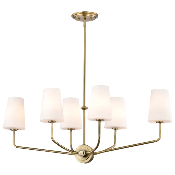 The Cordello 6-Light Island Pendant combines traditional elegance with practical functionality. Its vintage brass finish and etched white opal glass shades create a soft, diffused glow perfect for kitchen islands and dining areas. - alternate view