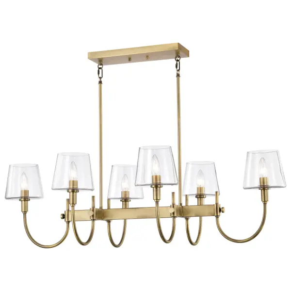 The Brookside 6-Light Island Pendant combines old-world charm with practical illumination. Its vintage brass finish and clear glass shades create a timeless look that works beautifully over kitchen islands and dining tables. - alternate view