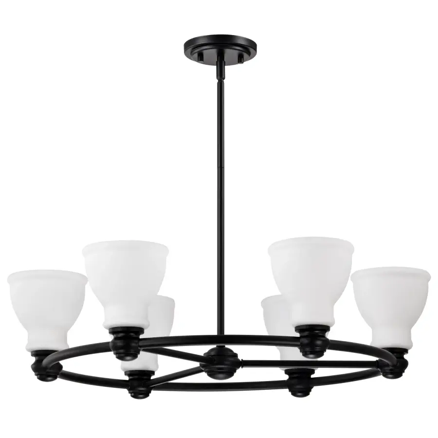 Russel 6-Light Chandelier in Matte Black with Satin White Glass - Image 1