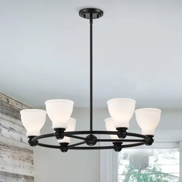 Russel 6-Light Chandelier in Matte Black with Satin White Glass - Image 3