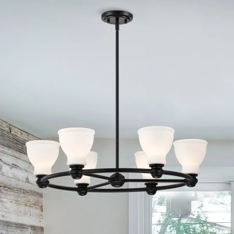 Russel 6-Light Chandelier in Matte Black with Satin White Glass - Image 3