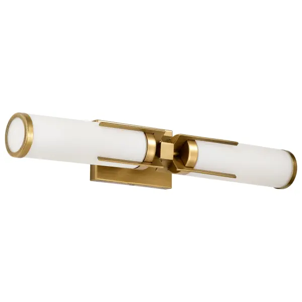 The Roselle 2-Light Vanity combines timeless natural brass with soft white glass for a sophisticated bathroom lighting solution. Its transitional design bridges classic and contemporary styles effortlessly.