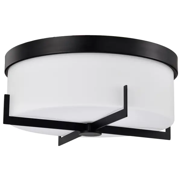 The Roselle flush mount combines transitional charm with contemporary style in a compact 15-inch profile. Its matte black finish and white glass shade deliver soft, ambient lighting ideal for low-ceiling spaces.