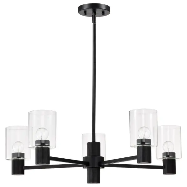 The Clarksville chandelier embodies minimalist sophistication with its matte black finish and clear glass shades. Five lights provide ample illumination while clean lines and a 28-inch span create visual impact without overwhelming the space.
