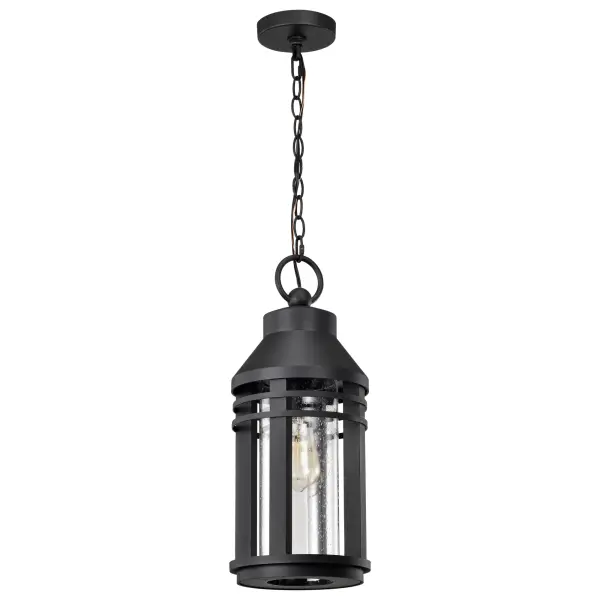 The Wilton hanging lantern combines timeless design with practical outdoor lighting. Its matte black finish and clear seeded glass create a welcoming ambiance while providing excellent light coverage for entryways and porches.