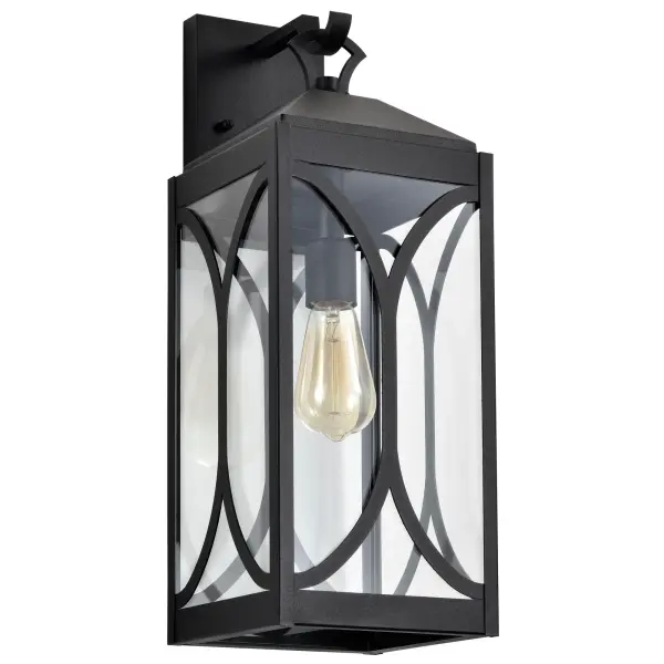 The Oaklyn Large Wall Lantern combines sweeping transitional lines with a matte black finish and clear glass panels to create sophisticated outdoor illumination perfect for entryways and patios.