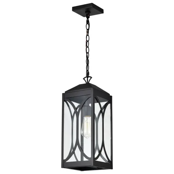 The Oaklyn hanging lantern combines traditional lantern styling with modern matte black finish and clear glass panels. Perfect for creating welcoming outdoor ambiance at entryways, patios, and covered porches.