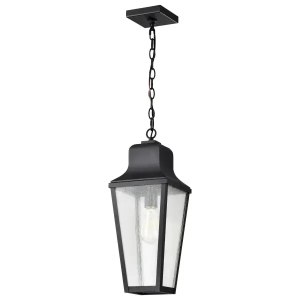 The Lawrence hanging lantern combines traditional English design with modern versatility. Its matte black finish and clear seeded glass create warm, welcoming illumination perfect for greeting guests at any entrance.