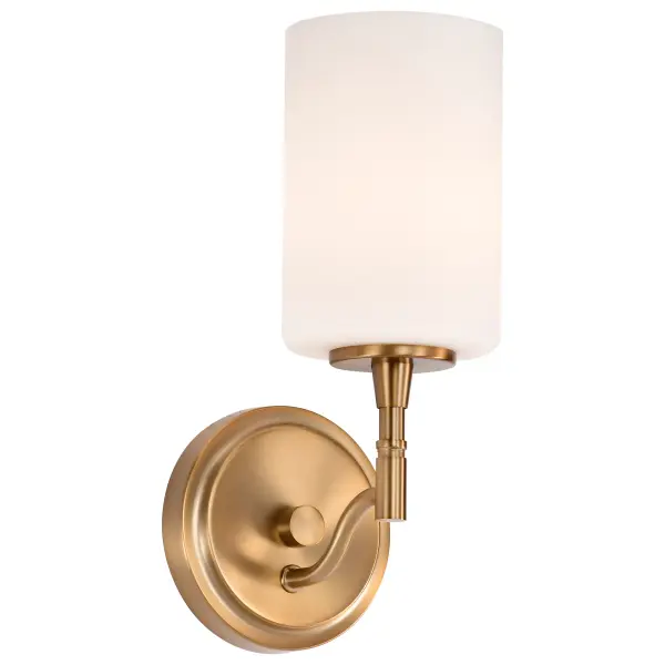 The Liam vanity light seamlessly blends traditional warmth with contemporary clean lines. Its burnished brass finish and white opal glass create a sophisticated glow perfect for modern bathrooms seeking timeless elegance. - alternate view
