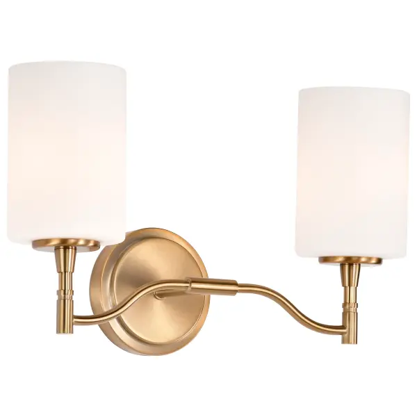 The Liam 2-Light Vanity seamlessly blends transitional design with contemporary accents, featuring a sophisticated burnished brass finish and soft white opal glass. Perfect for bathrooms seeking understated elegance. - alternate view