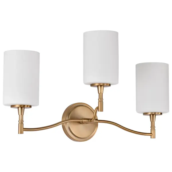 The Liam 3-Light Vanity seamlessly blends traditional warmth with contemporary clean lines. Its burnished brass finish and white opal glass shades create a sophisticated, versatile look perfect for modern bathrooms.