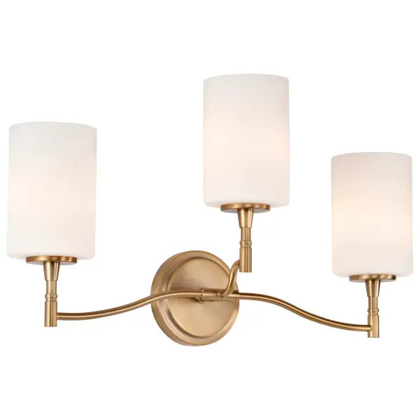The Liam 3-Light Vanity seamlessly blends traditional warmth with contemporary clean lines. Its burnished brass finish and white opal glass shades create a sophisticated, versatile look perfect for modern bathrooms. - alternate view