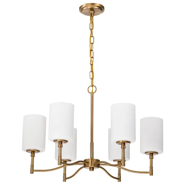 The Liam 6-Light Chandelier masterfully bridges traditional elegance and contemporary design with its burnished brass finish and soft white opal glass shades. This versatile fixture brings sophisticated warmth to any space.