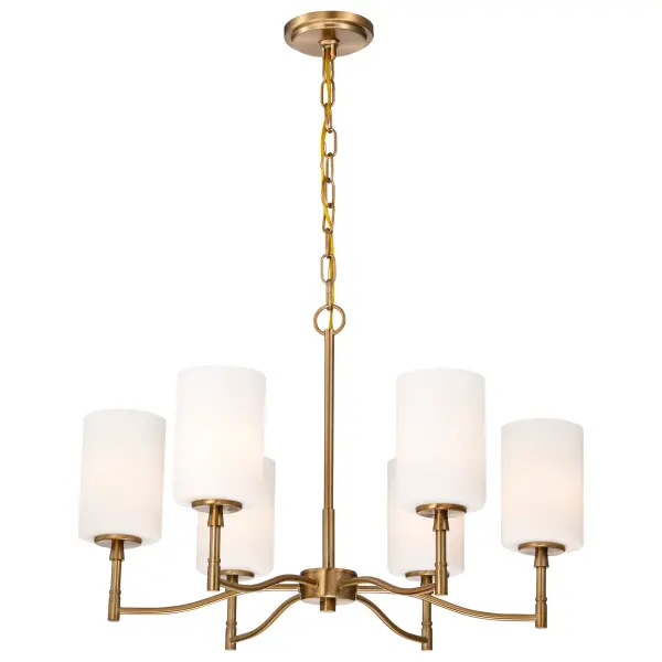 The Liam 6-Light Chandelier masterfully bridges traditional elegance and contemporary design with its burnished brass finish and soft white opal glass shades. This versatile fixture brings sophisticated warmth to any space. - alternate view
