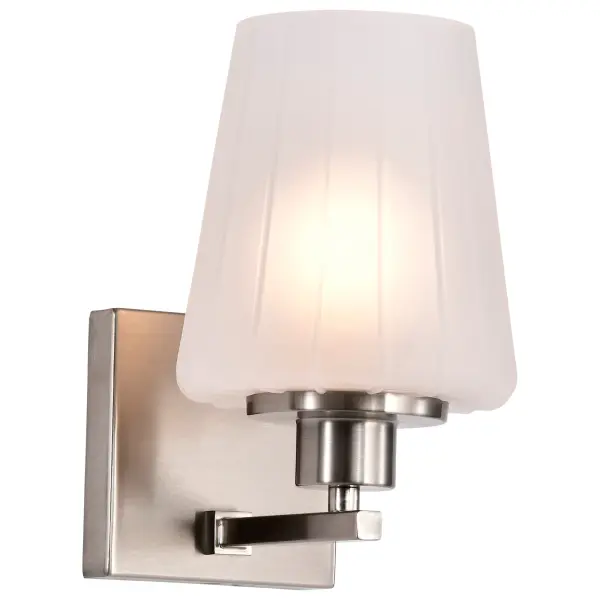 The Lune vanity sconce beautifully merges retro Mid-Century Modern charm with contemporary sophistication. Its brushed nickel finish and etched scalloped glass create warm, inviting illumination perfect for bathrooms and powder rooms. - alternate view