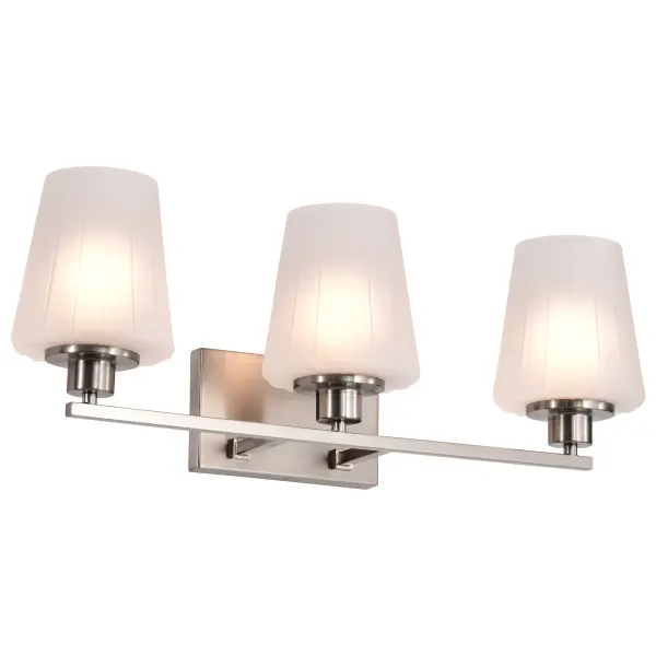 The Lune 3-Light Vanity beautifully blends retro aesthetics with contemporary sophistication. Its brushed nickel finish and etched scalloped glass create warm, inviting illumination perfect for daily grooming tasks. - alternate view