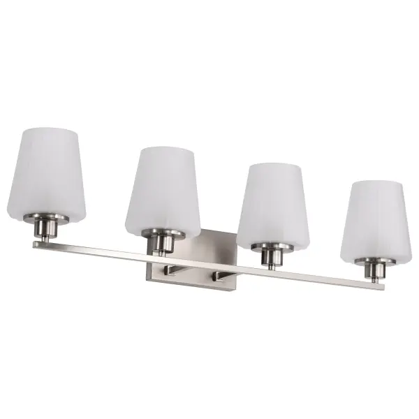 The Lune 4-Light Vanity beautifully blends retro charm with contemporary sophistication. Its brushed nickel finish and etched scalloped glass create warm, inviting illumination perfect for modern bathrooms seeking timeless style.