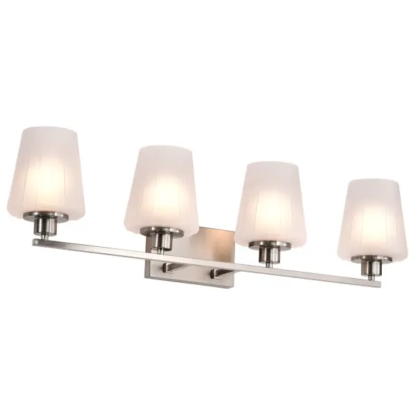 The Lune 4-Light Vanity beautifully blends retro charm with contemporary sophistication. Its brushed nickel finish and etched scalloped glass create warm, inviting illumination perfect for modern bathrooms seeking timeless style. - alternate view